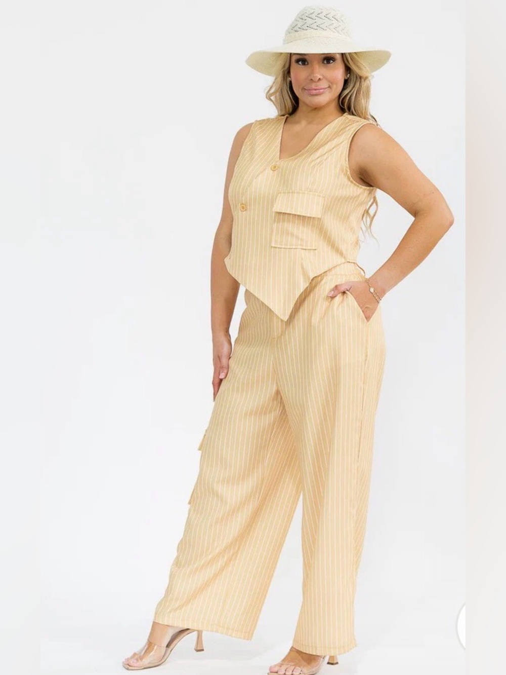 0215.  Sleeveless Pinstripe Vest & Wide-Leg Pants Set - Yellow